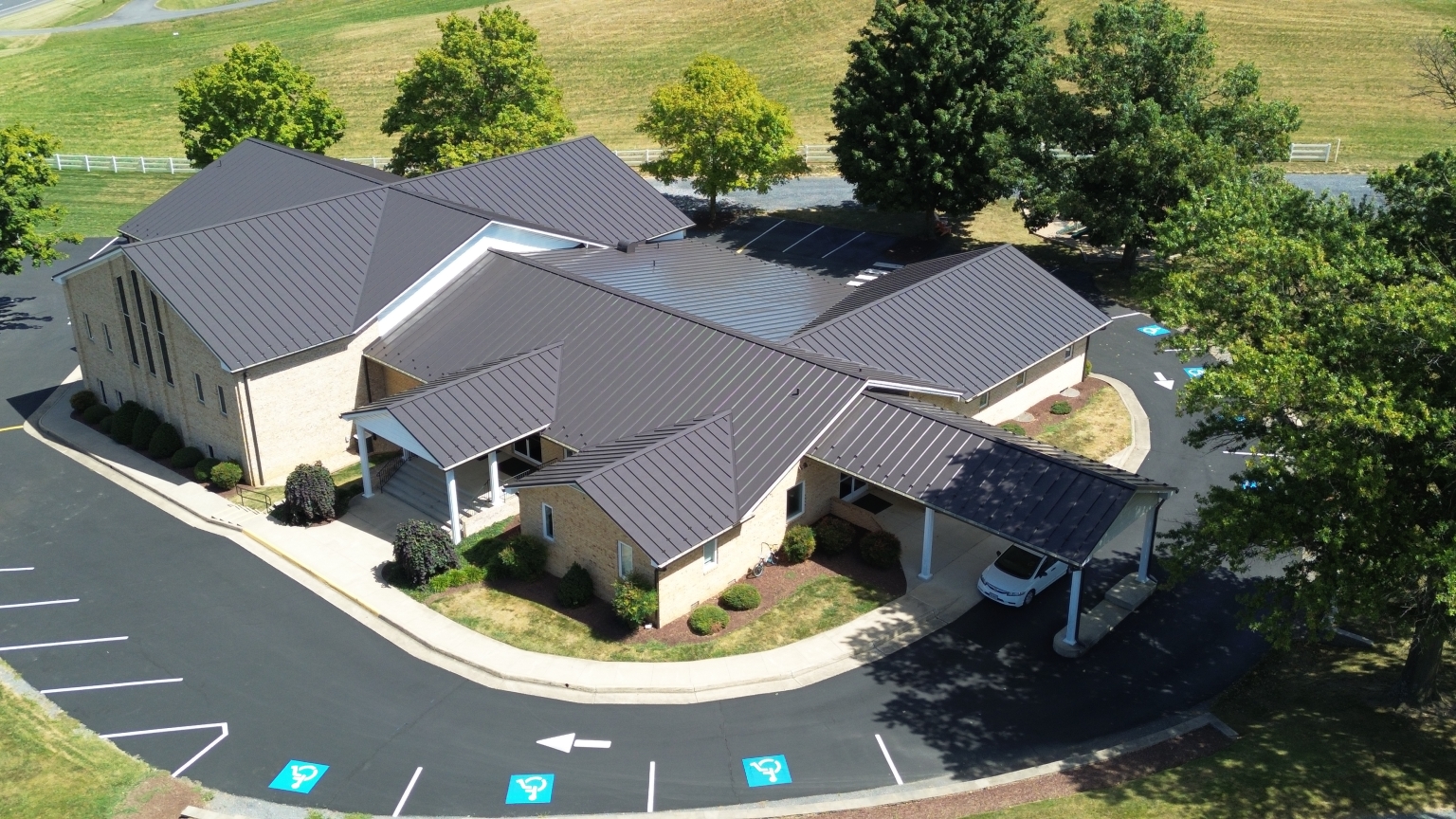 Dayton Mennonite Church's new metal roof from the air.