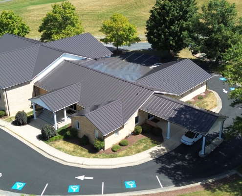 Dayton Mennonite Church's new metal roof from the air.